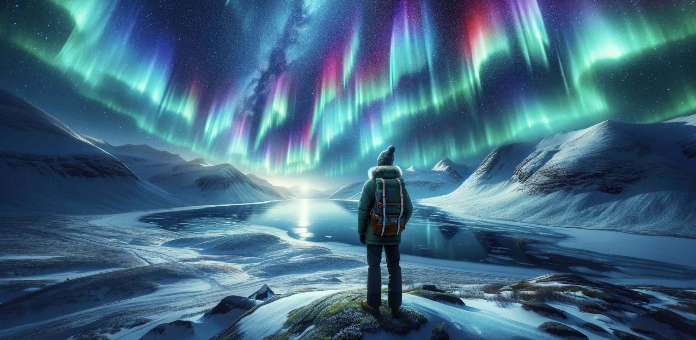 Observación de una colorida aurora boreal en invierno en un paisaje congelado en Islandia.