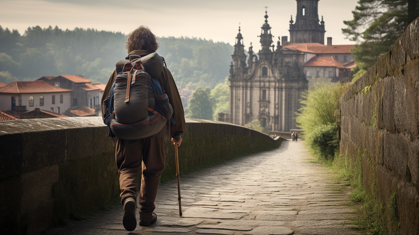 Peregrino haciendo el camino a Santiago de Compostela en España.
