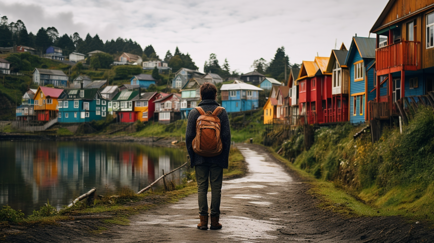 Viajero caminando por los senderos de Chiloé en medio de las casas coloridas y el mar pacífico.