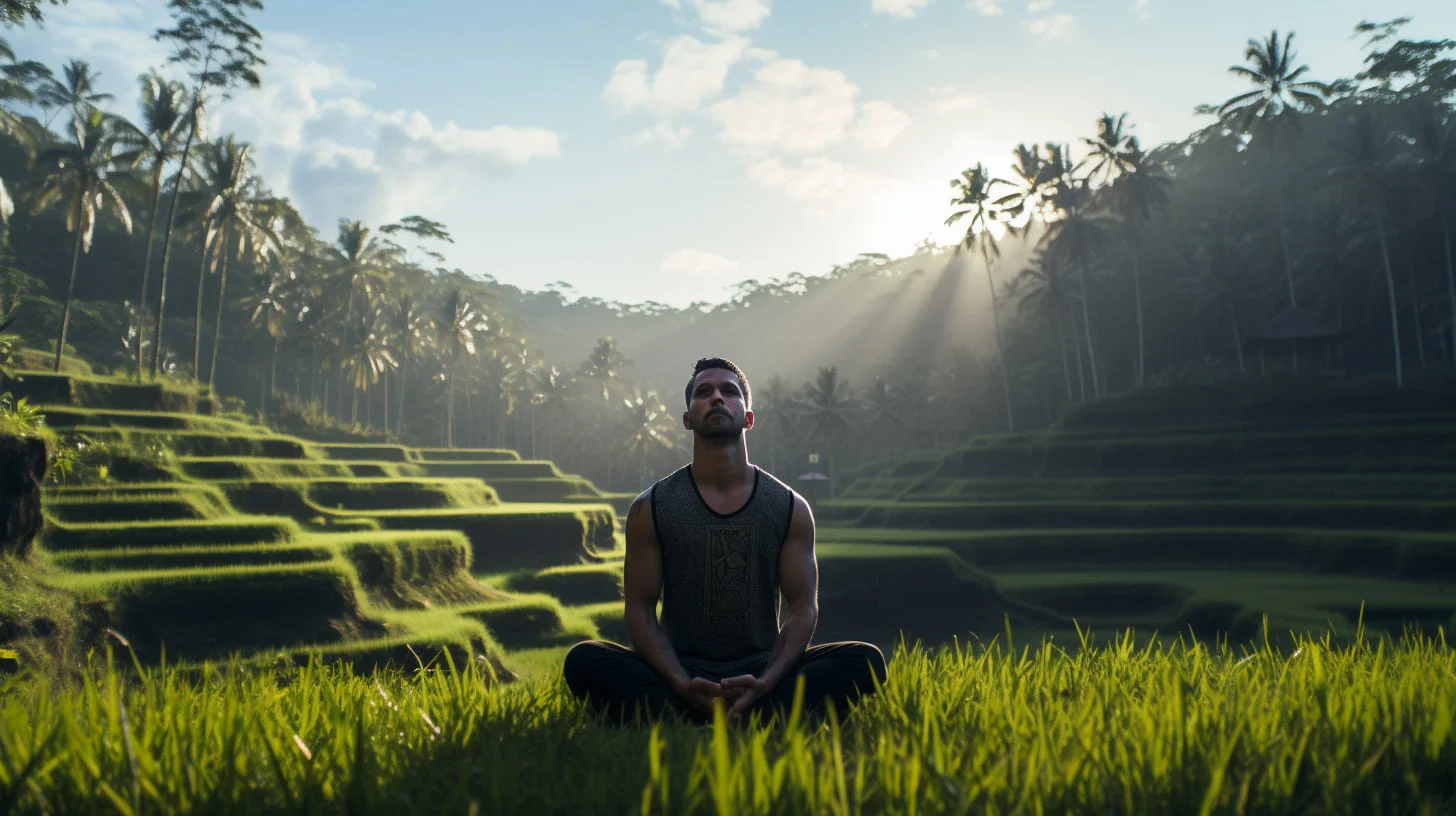 Viajero haciendo yoga en medio de las terrazas de arroz en Bali, Indonesia.