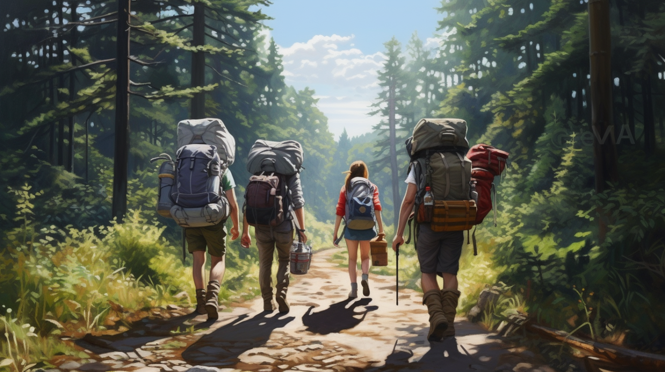 Grupo de viajeros haciendo trekking por el bosque.